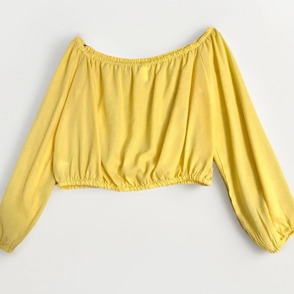 Streetwear Society Butter Yellow Sheer Long Sleeve Off The Shoulder Crop Top Y2K - Picture 2 of 6